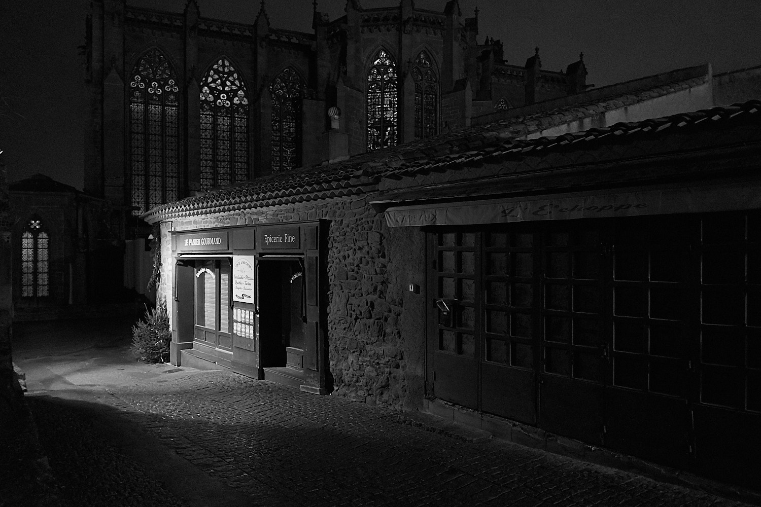 Night street view of the cathedral in the fortress city of Carcassone in south France
