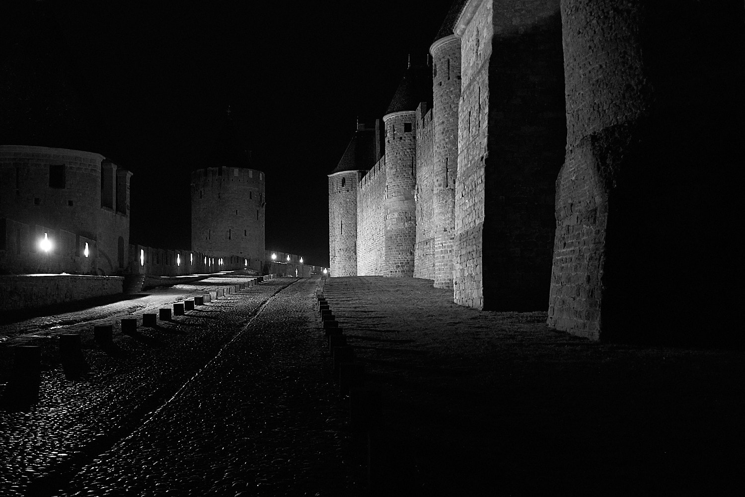 Night view of the walls of the fortress city of Carcassone in south France